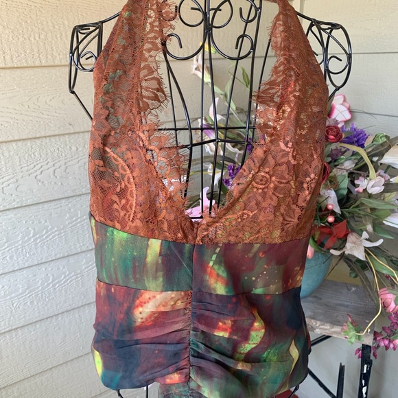 PrettyLittleThing Tops - PrettyLittleThing Rust Lace and chiffon halter top